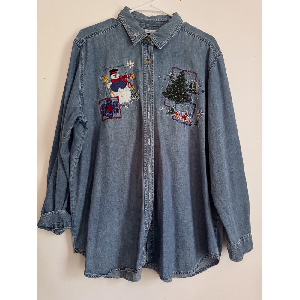 Bobbie Brooks Woman Vintage Christmas Denim Shirt Snowman Tree Blue 18W 20W